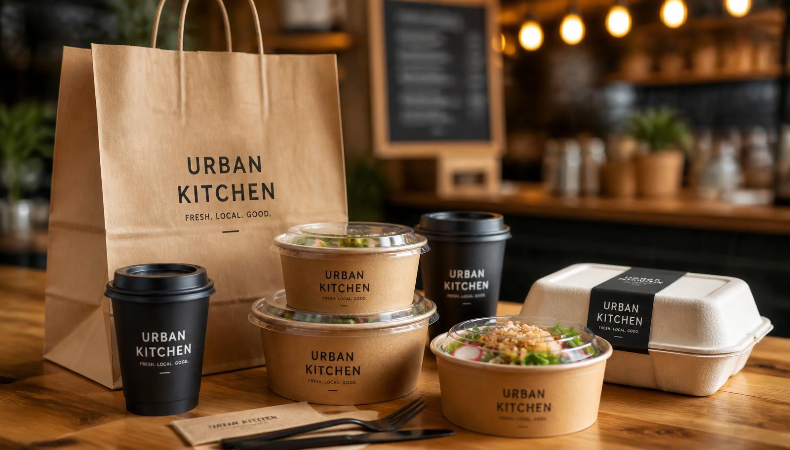 Kraft takeaway packaging arranged on a restaurant counter